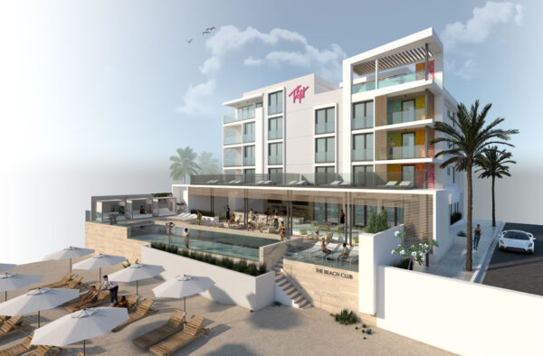 Exterior view of the new Tryst hotel in a 3D mockup rendering